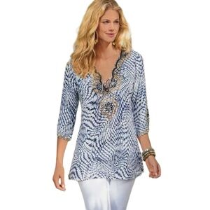 Soft Surroundings South Beach Regal blue Beaded Bohemian versatile Tunic top